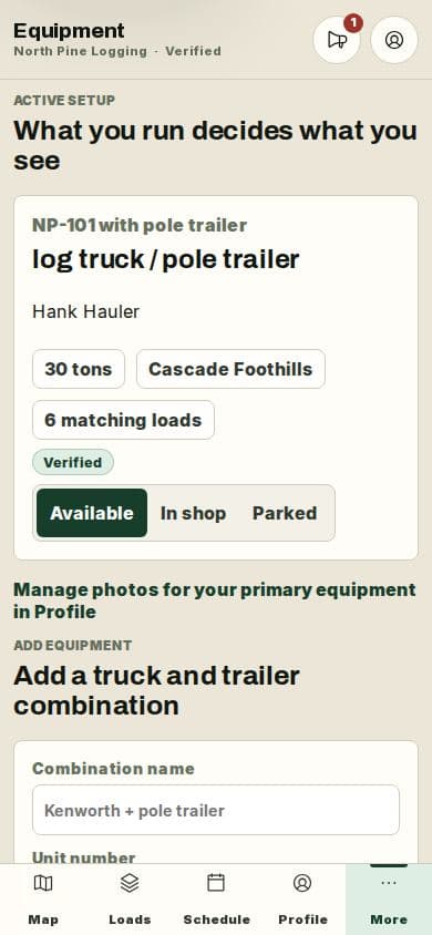 Synthetic driver phone equipment profile for truck, trailer, and readiness records