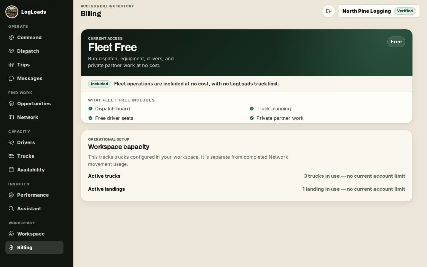Synthetic fleet billing page explaining free access and historical records
