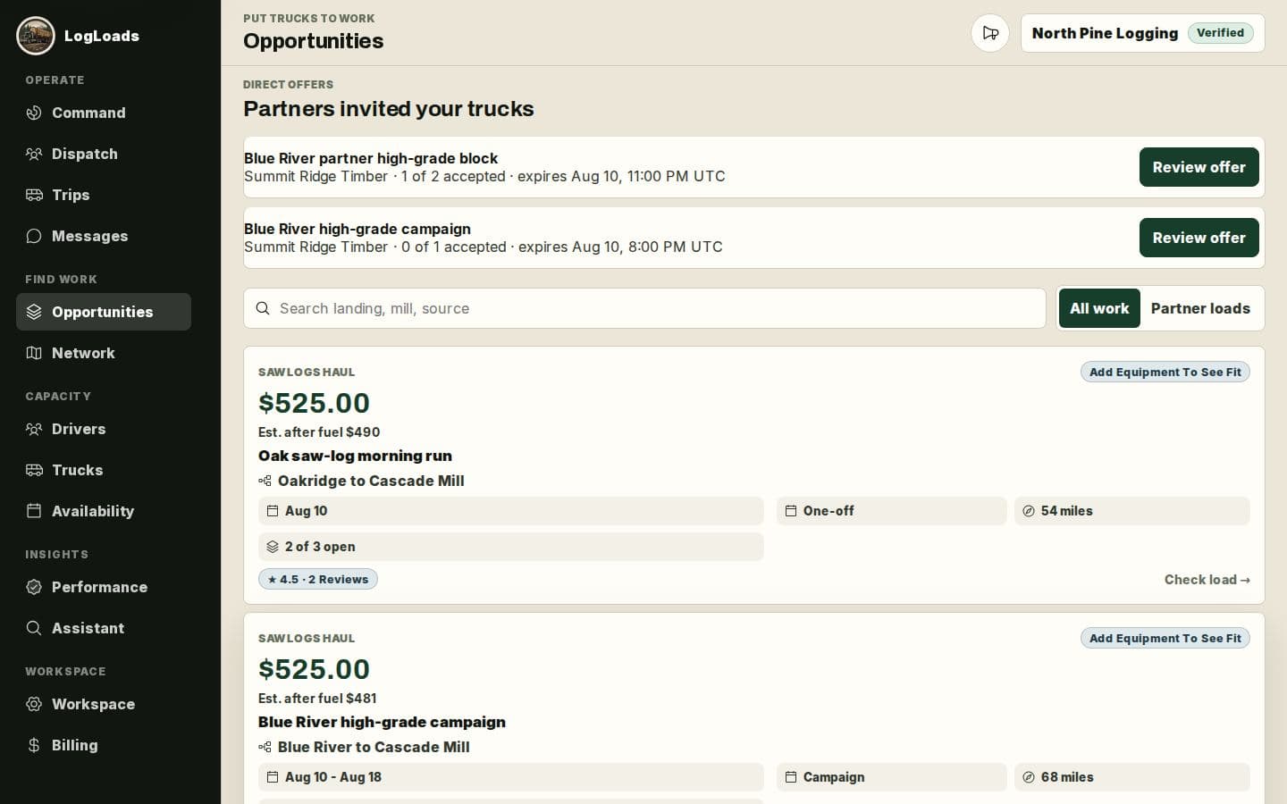 Synthetic fleet opportunity board showing available timber work and equipment fit